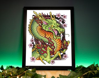 龍と桜の伝統的な入れ墨、日本のタトゥーフラッシュ手描きのオリジナル