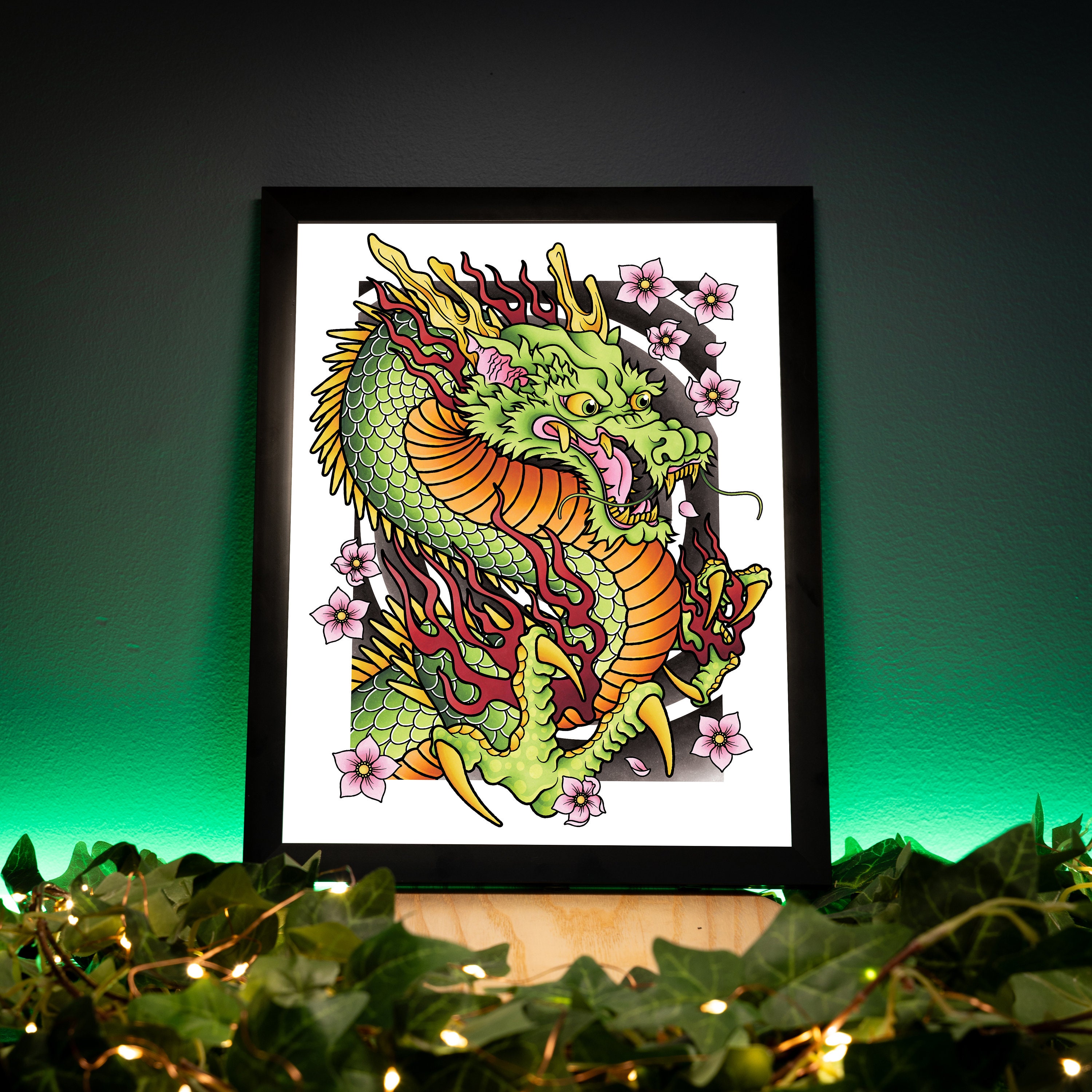 龍と桜の伝統的な入れ墨、日本のタトゥーフラッシュ手描きのオリジナル