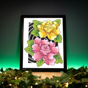 Pfingstrose Blume Traditionelle Irezumi Japanischer Tattoo Blitz Handgezeichnet Original Kunstdruck Poster