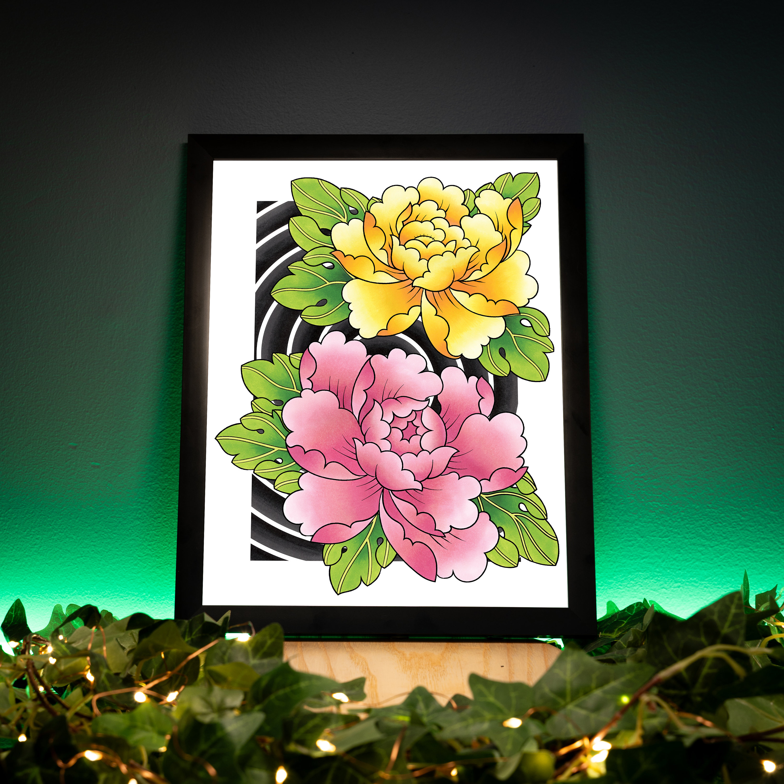 牡丹の花の伝統的な入れ墨、日本のタトゥーフラッシュ手描きオリジナル