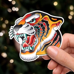Cabeça de tigre tradicional desenhada à mão, tatuagem tradicional americana, flash, arte fina, adesivo de vinil à prova d'água e impressão de arte de cartão postal