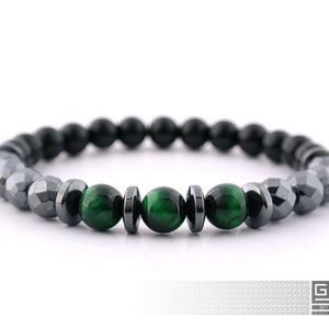 Hematite Obsidian Bracelet for Protection • Solar Plexus Chakra Bracelet for Stress Relief  • Green Tigers Eye Bracelet for Mental Health