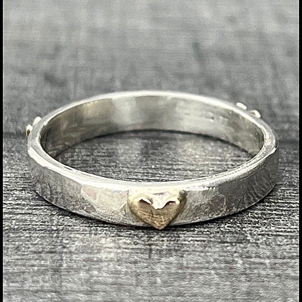 Love Hearts Ring, gold heart ring, hammered silver ring, 3mm wide band, valentines ring, unusual wedding ring, love ring, silver and gold