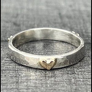 Hammered Sterling Silver Ring with 9ct Gold Hearts - 3mm Band