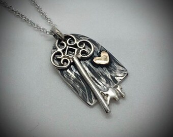 Oxidized Sterling Silver Fairy Door Pendant Necklace: Gold Heart Key