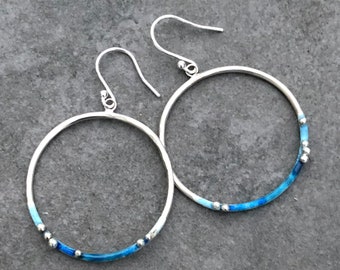 Enamel Hoop Earrings. Silver hoop earrings, hammered silver hoop earrings, enamel earrings, blue hoop earrings, beach earrings, Ibiza, coast