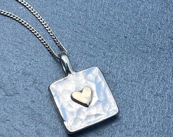 Hammered Sterling Silver Square Pendant: 9ct Gold Heart Necklace