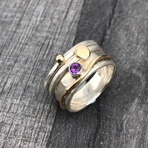 Amethyst Sterling Silver Stack Ring: Gold Wave Detail