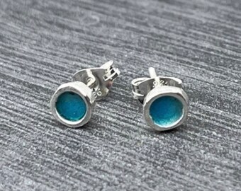 Blue enamel studs, Enamel studs, small blue enamel studs, small blue studs, pebble studs, sea studs, rockpool studs, round blue studs,