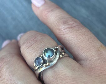Sterling silver Wire ring with Pearl and  Iolite Ring: Sterling Silver with Gold Bubbles