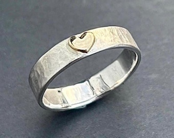 Hammered Sterling Silver Ring with 9ct Gold Heart
