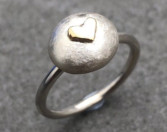 Gold Heart Ring. Gift for her,  Pebble ring, chunky ring, silver and gold ring, silver pebble ring, valentines gift, gift, heart, love,