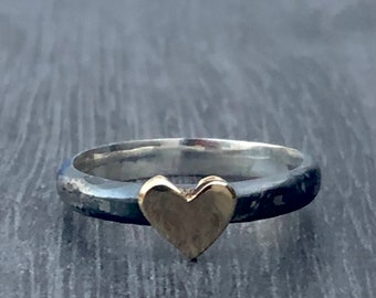 Olde Eternal Love Ring. Gold heart ring, oxidised ring, hammered ring, mixed metal, love, heart, oxidised gold heart ring, valentines ring.