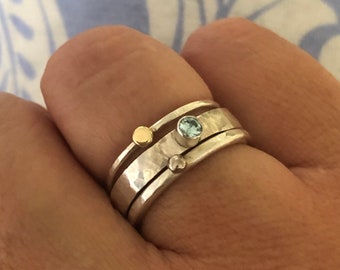 Aquamarine Stack Ring, silver stack ring, silver and gold stack ring, three ring set, aquamarine ring, aquamarine and silver ring, wide ring