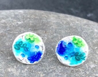 Hammered Sterling Silver Enamel Flower Studs - Colorful Floral Earrings