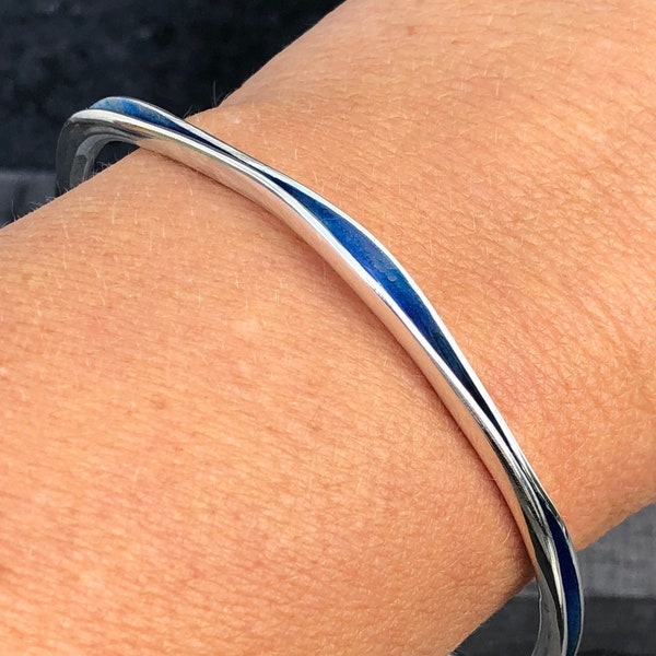 Blue enamel bangle, freeform silver bangle, blue river bangle,  enamel jewellery, enamel wave  bangle, silver and blue bangle, ocean bangle,