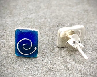 Spiral Studs.  Enamel studs, blue studs, rectangular studs, dainty studs, small studs, blue earrings, spiral studs, spiral.