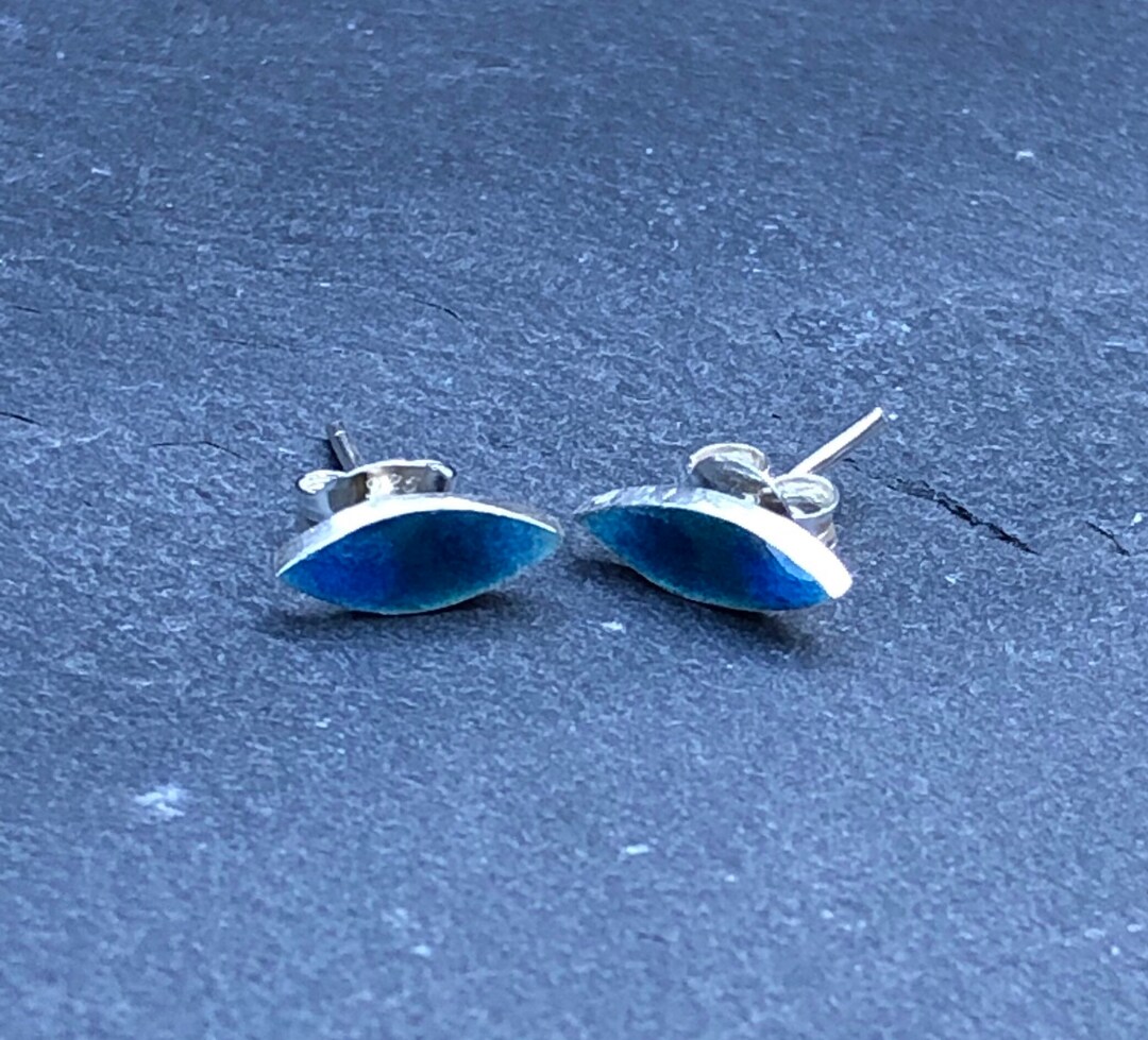 Enamel Studs. Blue Enamel Studs. Small Blue Studs. Leaf Shaped Studs, Amalfi Studs, Enamel