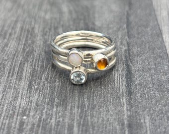 Birthstone Silver Stack Ring, hammered Sterling silver rings