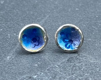 Sterling Silver Blue Enamel Flower Studs: Garden Jewelry