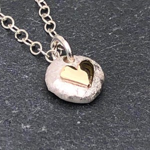 Sterling Silver Pebble Pendant: Gold Heart Necklace, 9mm Round