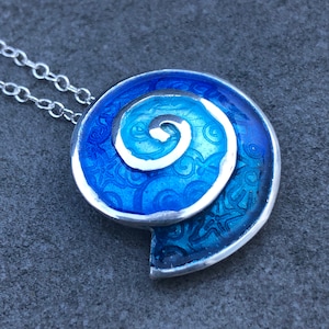 Blue Enamel Shell Necklace: Sterling Silver Beach Jewelry
