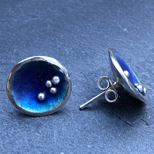 Rock Pool Studs. Enamel studs, gift for her, gift for sea lovers, Round studs. Cup shaped studs, rock pool jewelry, round blue studs, enamel