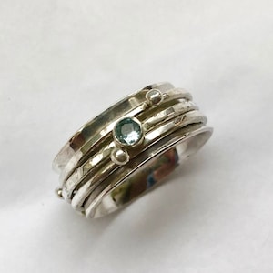 Aquamarine Sterling Silver Spinner Ring: Wide Hammered Band