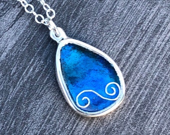 Sterling Silver Wave Pebble Pendant: Blue Enamel Ocean Jewelry