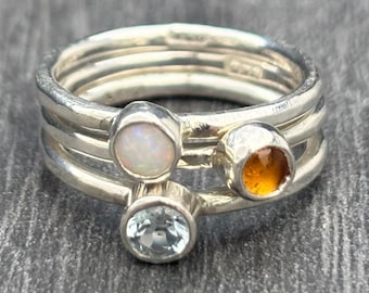 Birthstone Silver Stack Ring, hammered Sterling silver rings