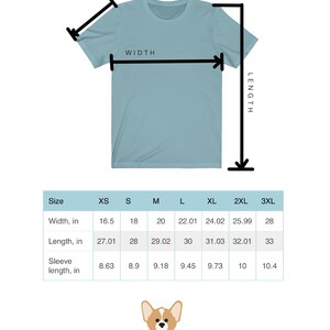 May include: A size chart for a t-shirt with measurements in inches for different sizes: XS, S, M, L, XL, 2XL, and 3XL. The chart shows the width, length, and sleeve length of each size.