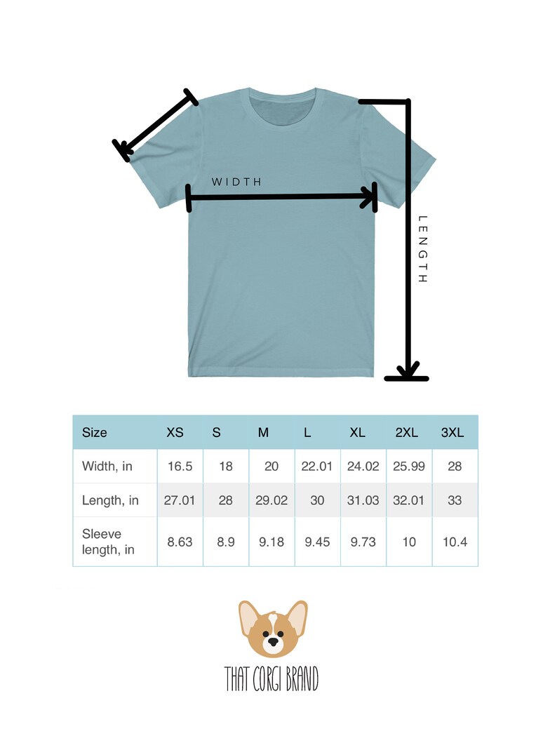 May include: A size chart for a t-shirt with measurements in inches for different sizes: XS, S, M, L, XL, 2XL, and 3XL. The chart shows the width, length, and sleeve length of each size.
