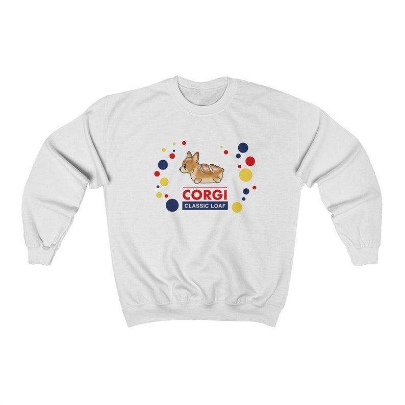 May include: White sweatshirt featuring a cartoon corgi dog illustration. The design includes the word "CORGI" in red text, with "CLASSIC LOAF" below in blue. The graphic is surrounded by a circle of colorful dots.
