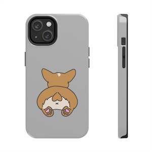 May include: A gray phone case with a cartoon image of a corgi's rear end with pink paw prints. The corgi is brown and white.