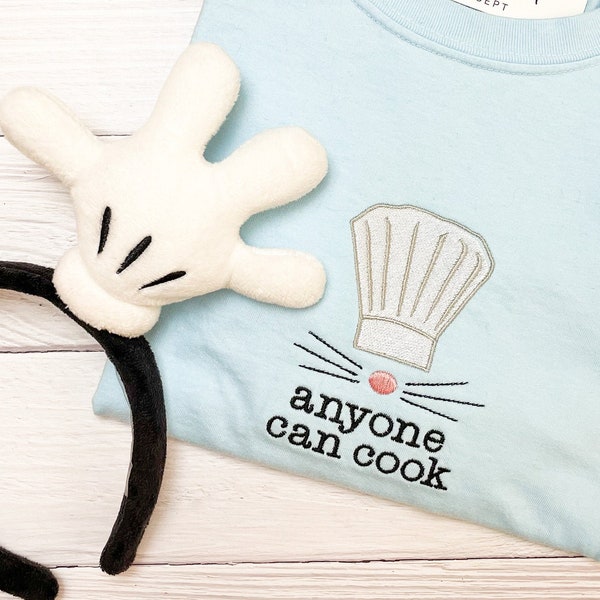 Anyone Can Cook Embroidered T-Shirt | Ratatouille Chef Remy, France, Little Chef Embroidery | Disney Parks Tee | Disney Apparel