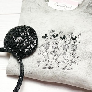Acid Wash Dancing Skeletons Mickey Ears Embroidered Sweatshirt | Halloween at Disney | Not So Scary Halloween Party | Disney Park Apparel
