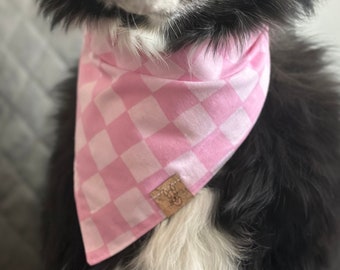 Pink Checkered Tie On Dog Bandana - Everyday Dog Bandana - Pink Plaid - Modern Dog Bandana - Dog Birthday Bandana