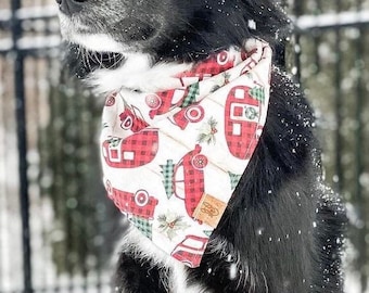 Winter Dog Bandana, Holiday Dog Bandana, Gift Ideas, Red Truck Dog Bandana - Xmas Dog Bandana - Christmas Tie On Dog Bandana -Christmas Farm