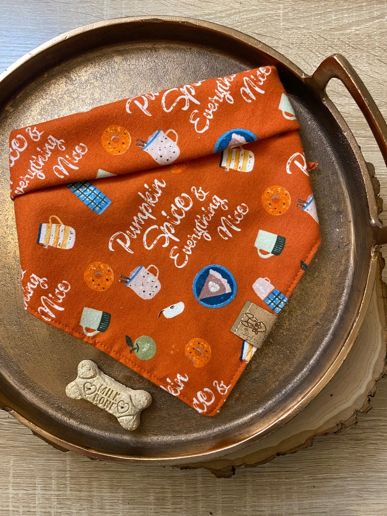 Pumpkin Spice Tie On Dog Bandana Thanksgiving Dog Bandana Fall Dog Bandana Pumpkin Dog Bandana Dog Mom/Dad Gift Pie Dog Bandana image 1