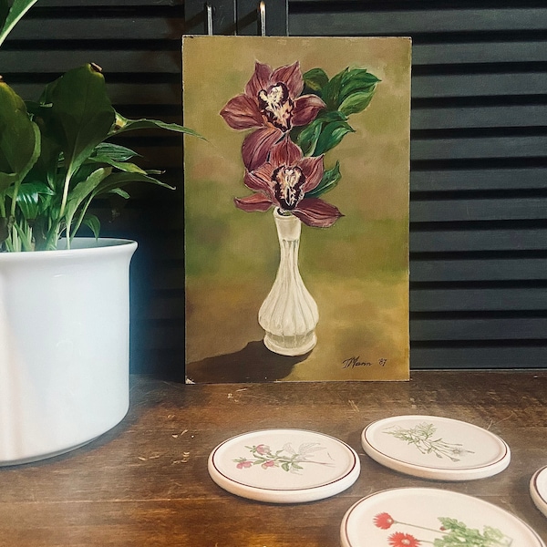 Vintage schilderij Orchidee op hout.