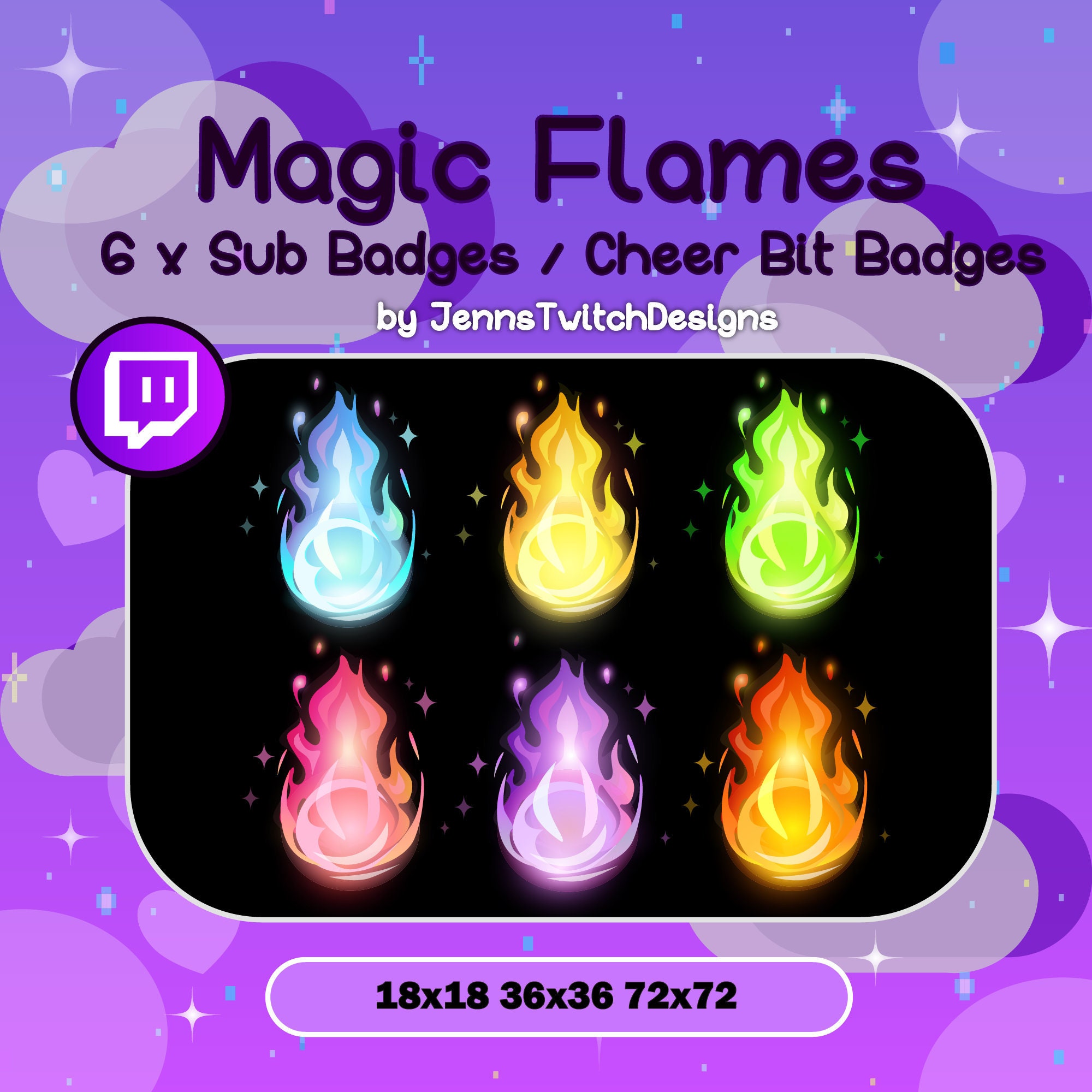 6 X Twitch Sub Badges Cheer Bit Badges Magic Flames Etsy