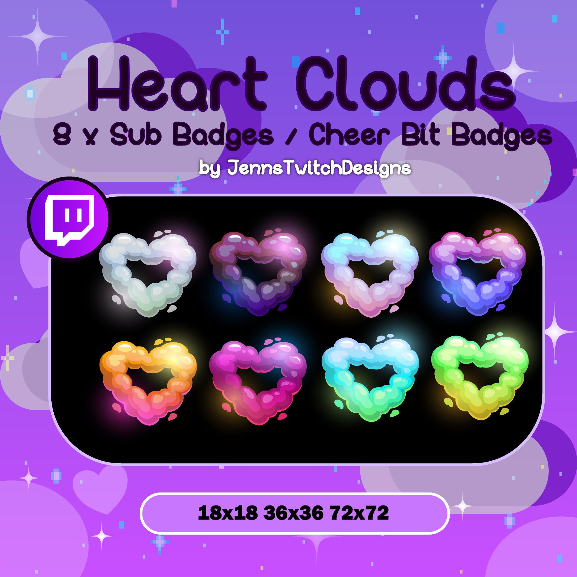 8 X Twitch Sub Badges Cheer Bit Badges Heart Clouds Etsy