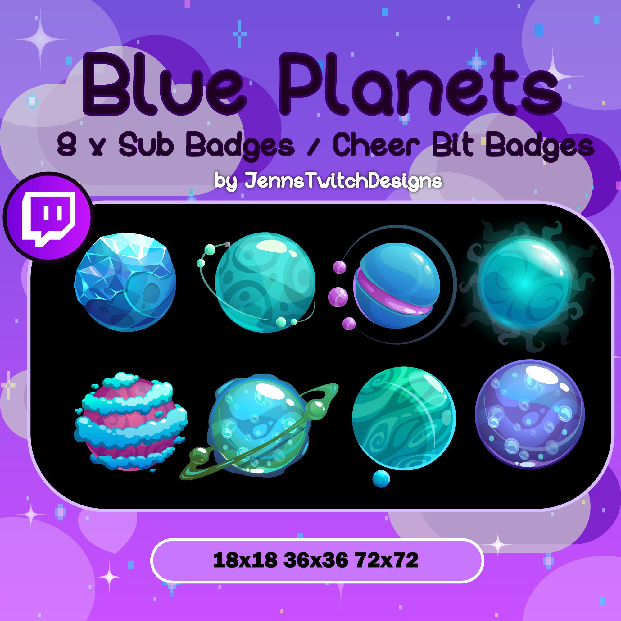 8 X Twitch Sub Badges Cheer Bit Badges Blue Space Planets Etsy