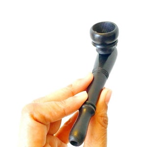 Hand Carved 5 inch long Stem Ebony Black Bowl Pocket Tobacco Pipe - Detachable round deep bowl- Durable and High Quality