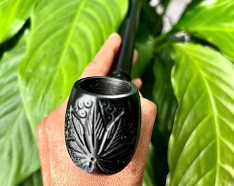 Handcrafted Pearwood Churchwarden Pipe: Black Carved Leaf, 11-inch Long Stem
