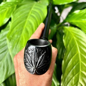Handcrafted Black Carved Leaf 11 inches Long Churchwarden Tobacco Pipe Pearwood Long stem Deep Bowl