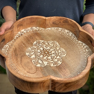 16 inch Rustic Round Farmhouse Tray; 15 inch Hexagon Decorative tray; Vintage Antique Handcarved Soild Wood Tray kitchen decor Ottoman tray
