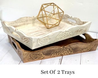 Rustic Farmhouse Wood Tray Set: Handcarved Acacia Ottoman Trays (15x11 inch)