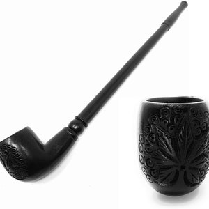 Handcrafted Black Mystique Maple Leaf 11 inches Long Churchwarden Tobacco Pipe Pearwood Long stem Deep Bowl -hand graved