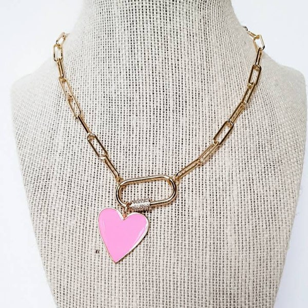 PREORDER! gold paperclip chain enamel heart carabiner necklace | preppy vsco jewelry |trendy necklace | preppy choker | paperclip necklace